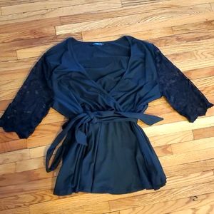 Shein 1XL  Lace sleeve V Neck tie waist shirt